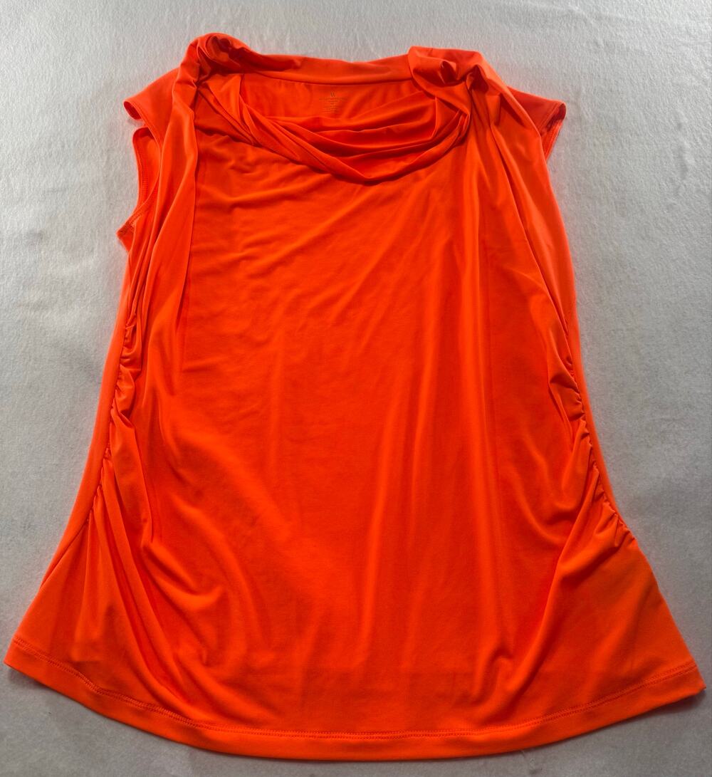 Women’s Neon Orange Draped Neck Sleeveless Blouse Ruched Side Stretch 1X